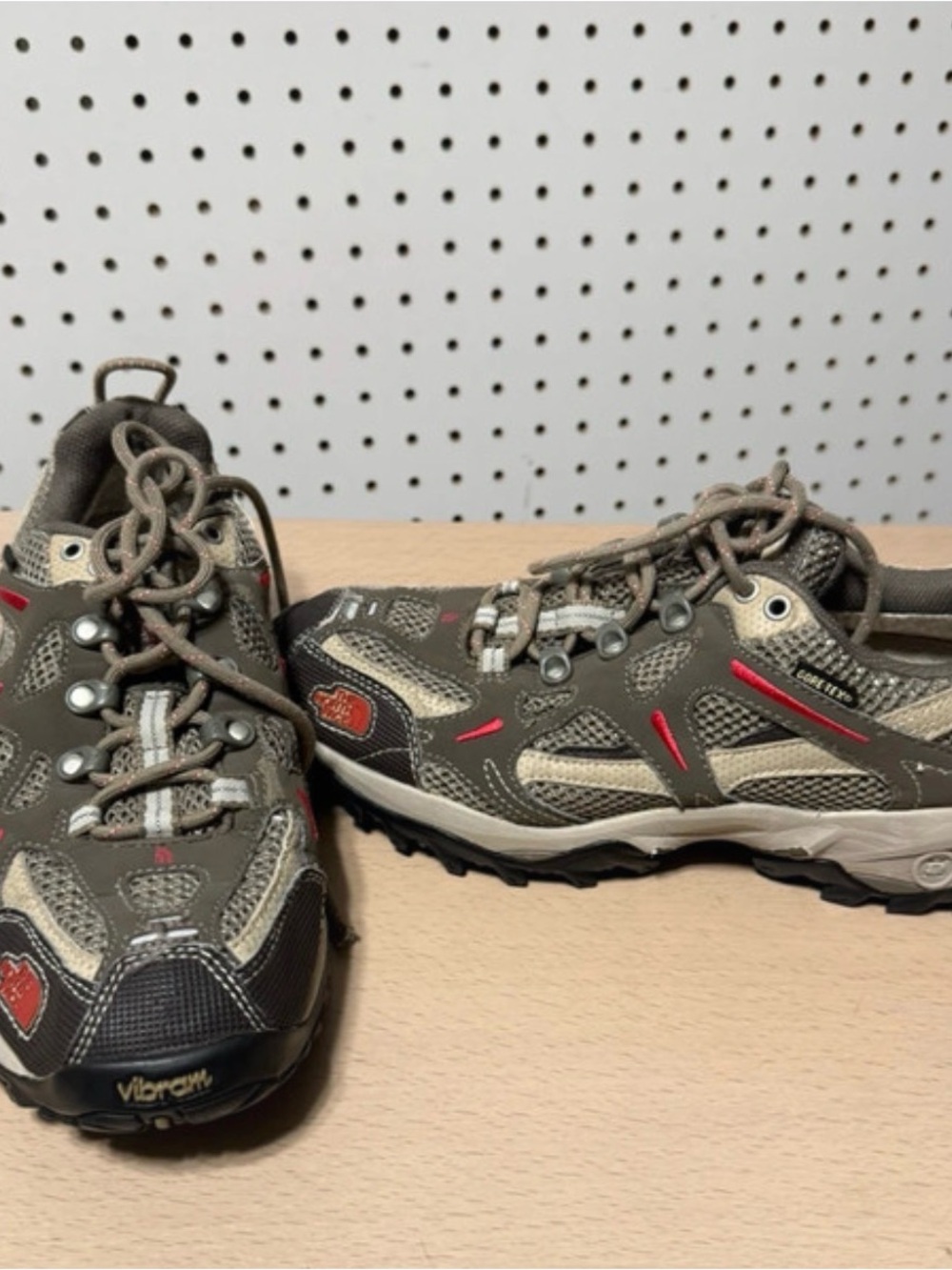 The North Face Olive Gray Sneakers with Red Accents